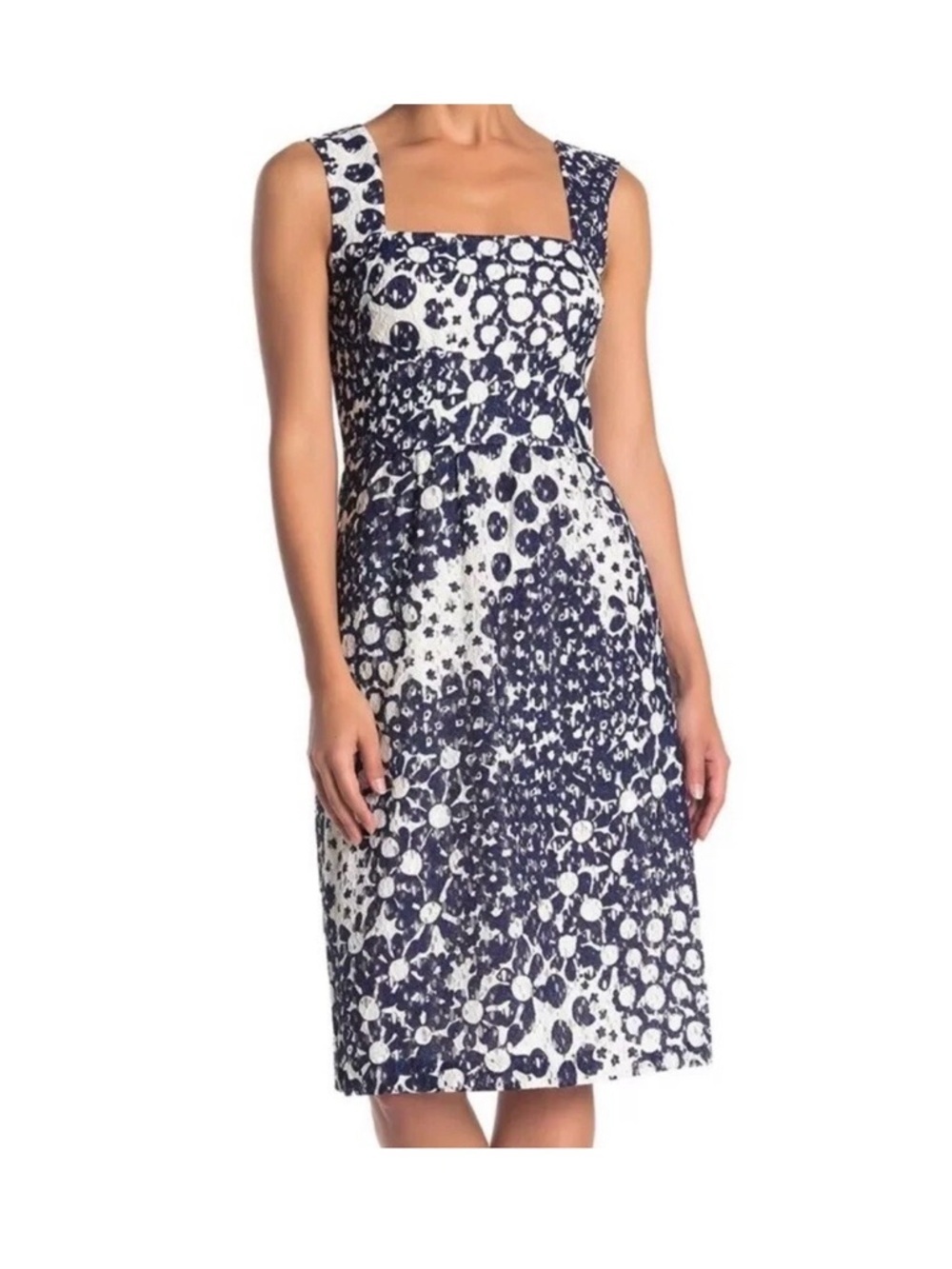 Trina Turk Navy White Lace Sheath Dress Size 6 Sleeveless Square Neck